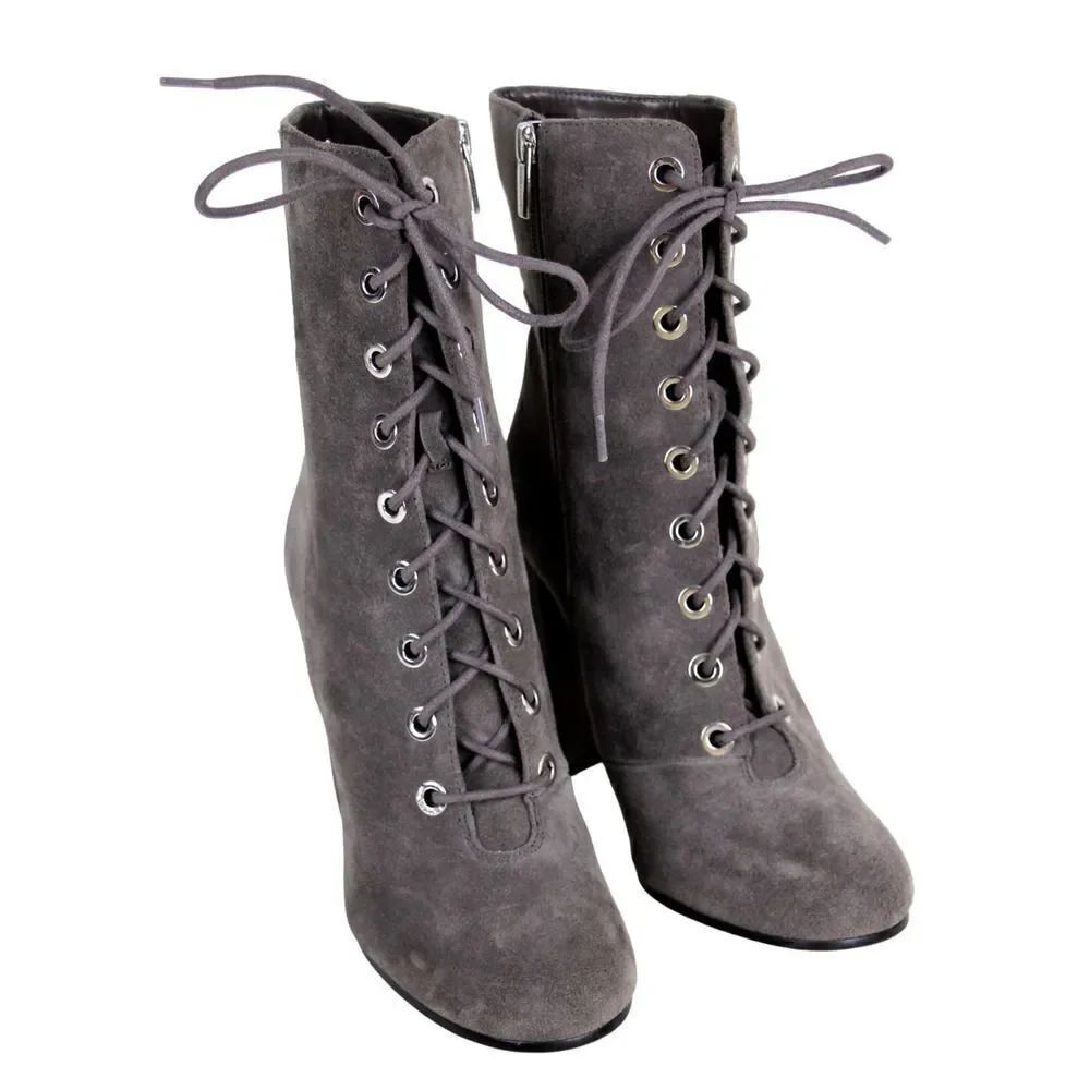 Vince Camuto GRAY GENUINE LEATHER SUEDE LACE UP HIGH ROUND TOE ANKLE BOOTS Sz 9M